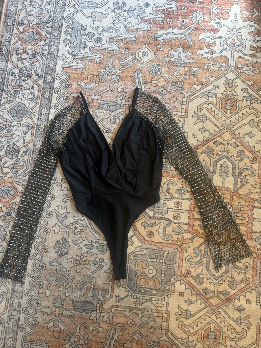 Punchy Blonde Black Rhinestone Mesh Sleeve Plunge Bodysuit Size M